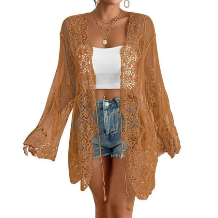 Bsubseach Lace Kimono Swimsuit Cover Up for Women Mesh Sheer Kimonos Cardigan Boho Beachwear Brown | Walmart (US)