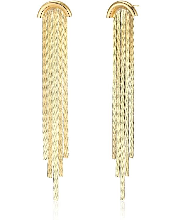 Gold Long Tassel Dangle Earrings - Sparkly Fringe Geometric Bar Drop Earrings - Formal Dainty Dan... | Amazon (US)