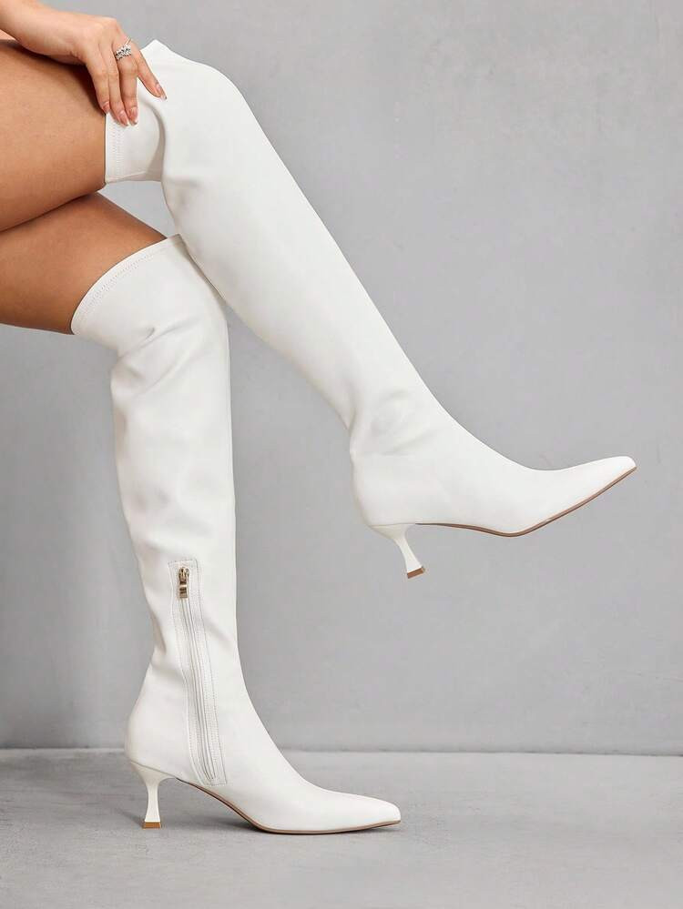 CUCCOO SZL Women's Autumn/Winter New White Fashion Super High Over-The-Knee Boots, Versatile Pointed Toe Kitten Heel Elegant Minimalist Elastic Thigh High Boots For Christmas | SHEIN