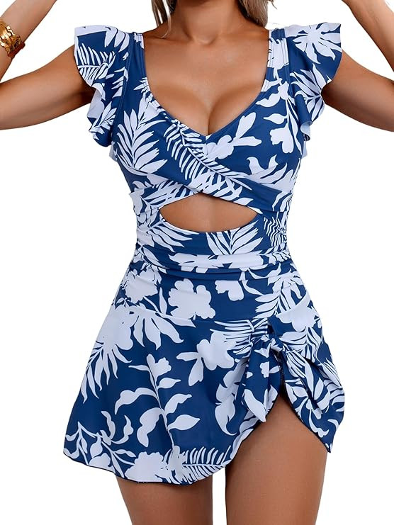 One Piece Swimdress Swimsuit for Women Tummy Control Ruffle Swim Dress Skirt V Neck Cutout Wrap B... | Amazon (US)