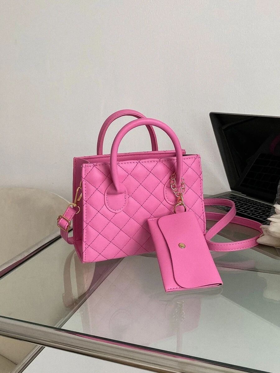 Waterproof,Lightweight,Business Casual Neon Pink Stitch Detail Double Handle Square Bag With Coin... | SHEIN