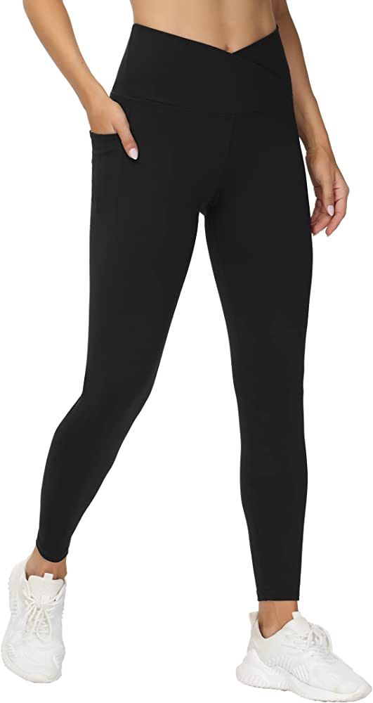 THE GYM PEOPLE Women's V Cross Waist Workout Leggings Tummy Control Running Yoga Pants with Pockets | Amazon (US)