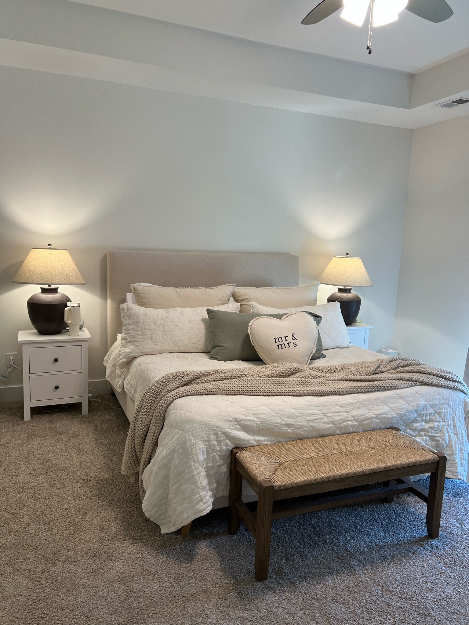 Sham covers - cream 
Quilt - cream 
Knitted blanket - cream 
Bed side tables - ikea 
Sheets - cream 

#LTKhome