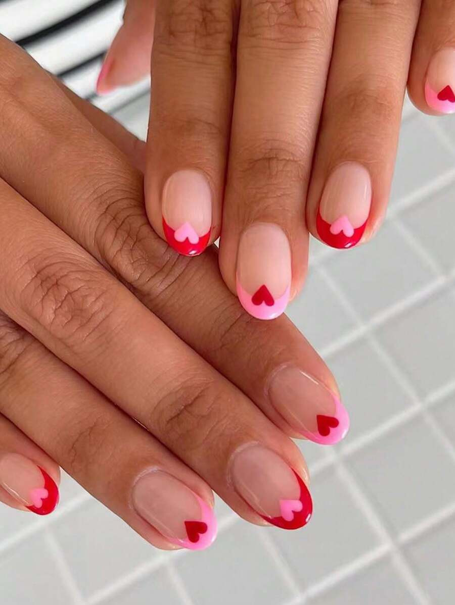 Valentines Nails Elevate Your Style With, 24pcs Short Oval Heart Nail Design White French Tip Pre... | SHEIN