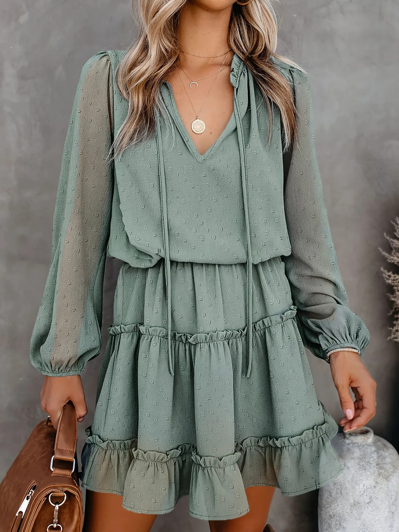 Solid Drawstring Ruffled Trim Dress, Casual Long Sleeve Tunic Mini Dress, Women's Clothing | Temu Affiliate Program