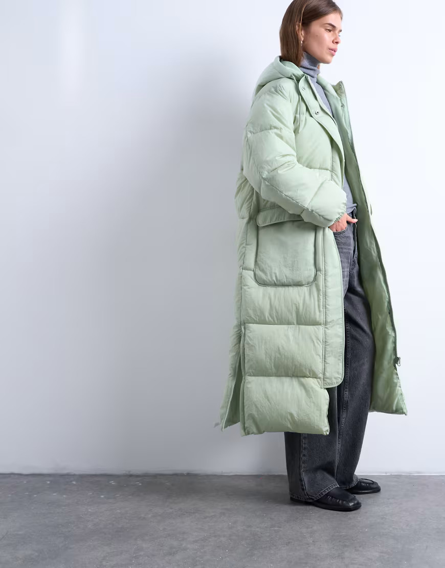 Topshop longline techy puffer jacket in green sage | ASOS (Global)