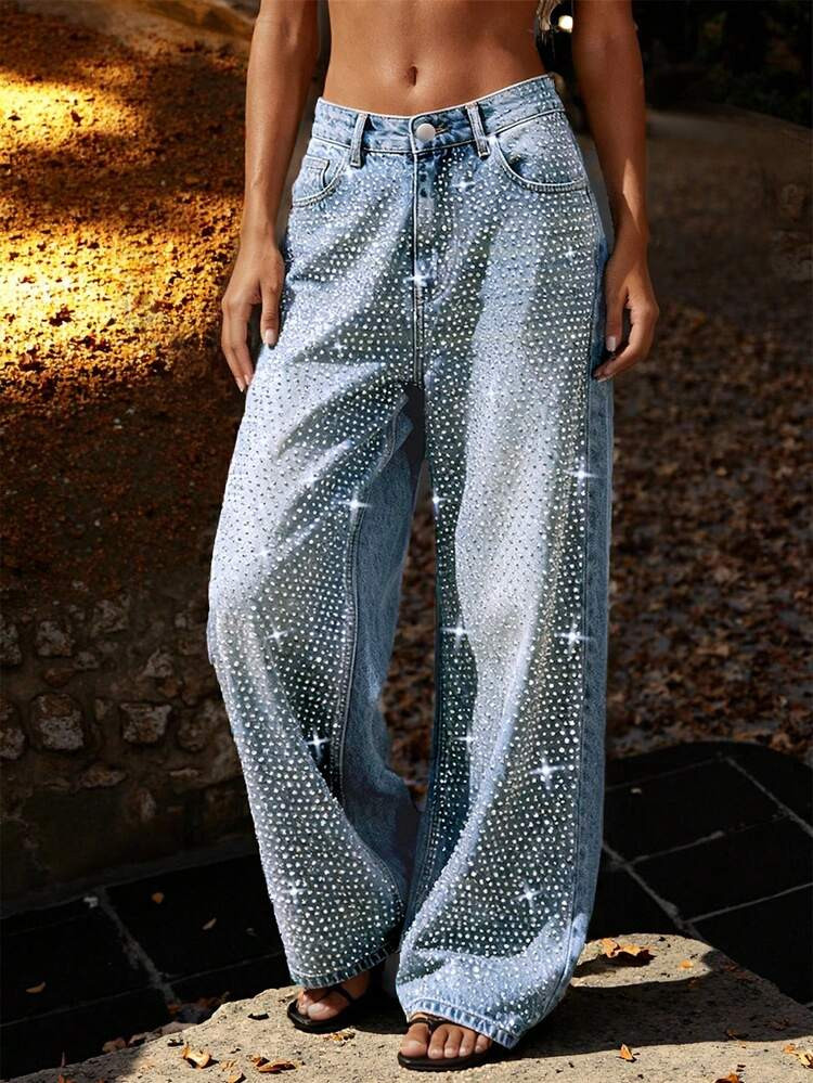 Fashionable Women's Full Rhinestone Embellished Loose Straight Leg Denim Maxi Pants, European And American Style | SHEIN