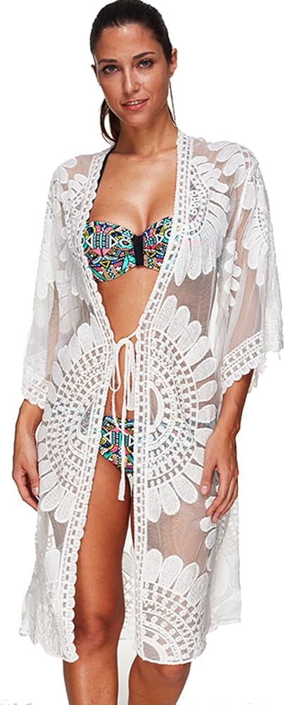 Swimsuit Coverups Ladies Sexy Bikini Cover up for Beach Bathing,See-Through White Floral Lace,Plus S | Amazon (US)