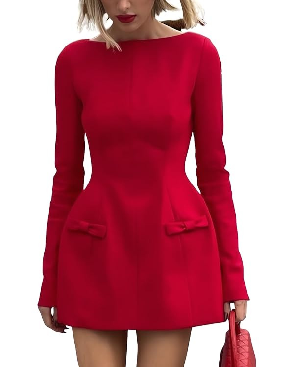 Elegant Dress Red Dress Long Sleeve Mini Dress A Line Dress Bow Dress Corset Dress for Women Holi... | Amazon (US)