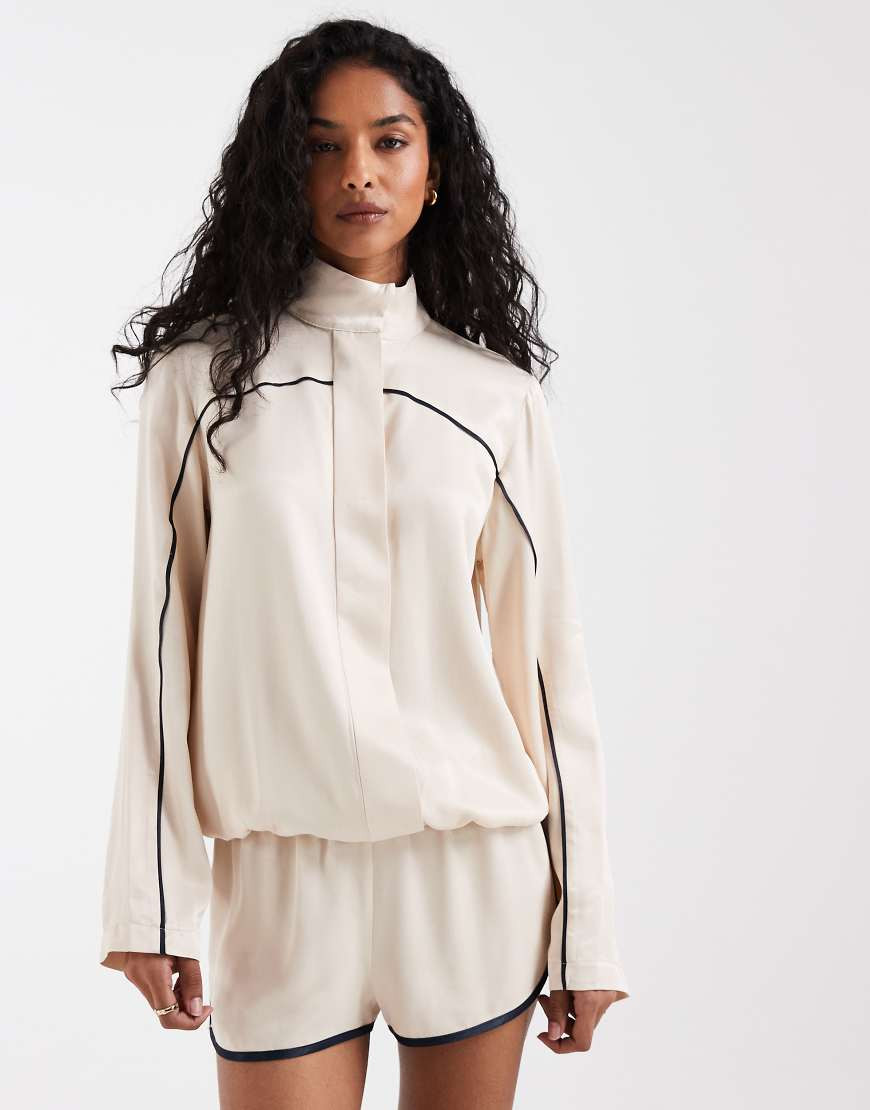 ASOS DESIGN satin funnel neck sporty stripe jacket in ecru-White | ASOS (Global)