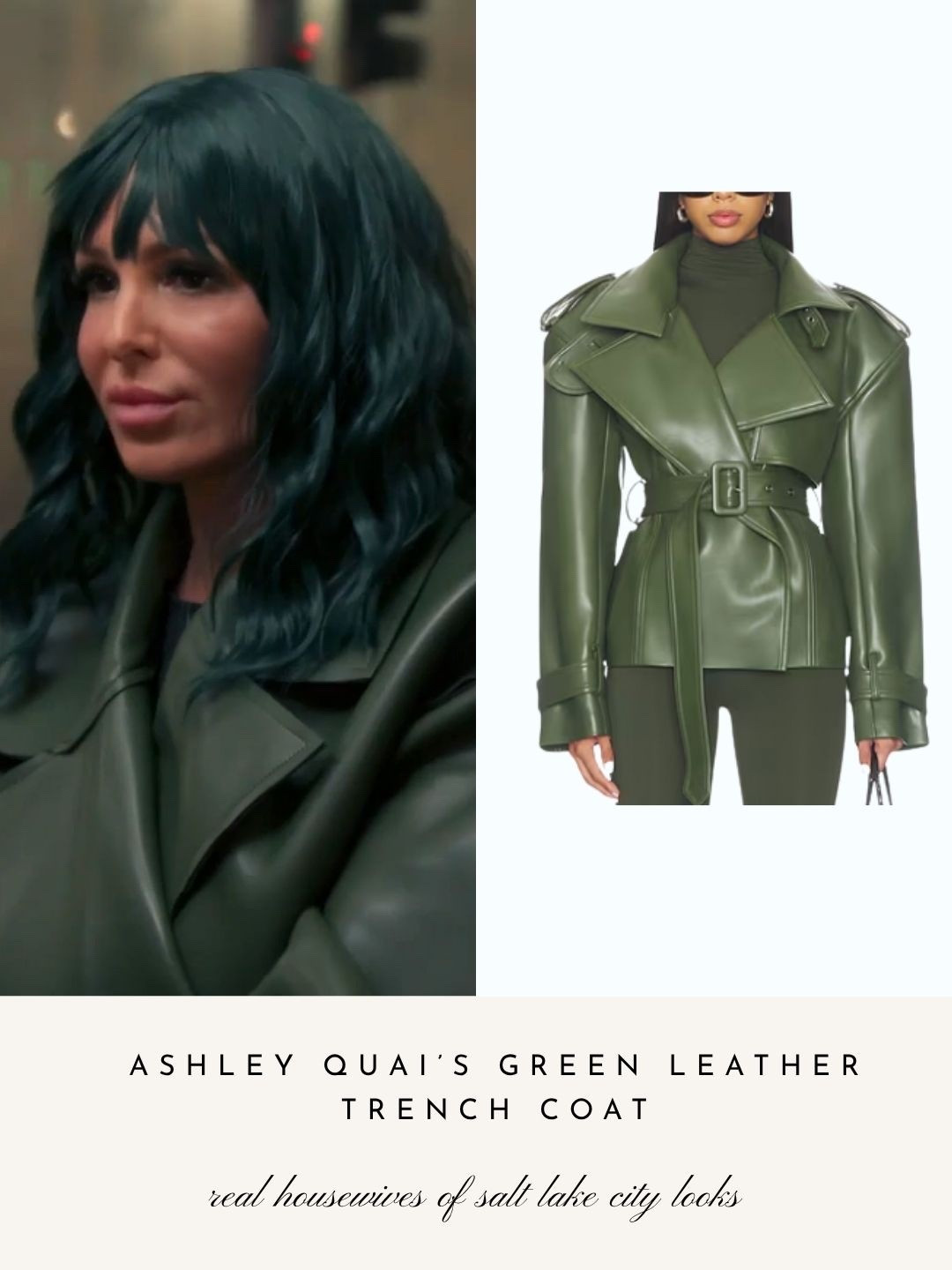 Ashley Quai’s Green Leather Trench Coat