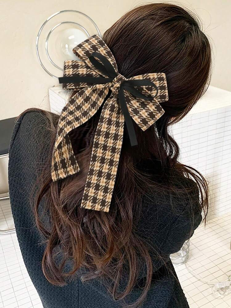 1pc Autumn/Winter Houndstooth Bow Hair Clip With Streamer & Checkerboard Hair Clamp | SHEIN