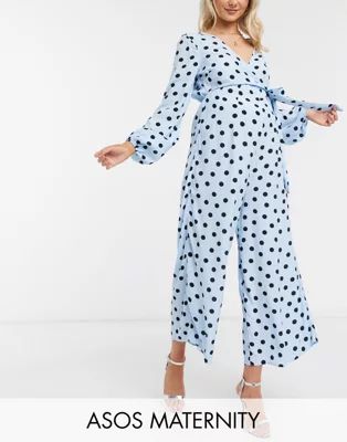 ASOS DESIGN maternity wrap tie jumpsuit in blue polka dot | ASOS (Global)