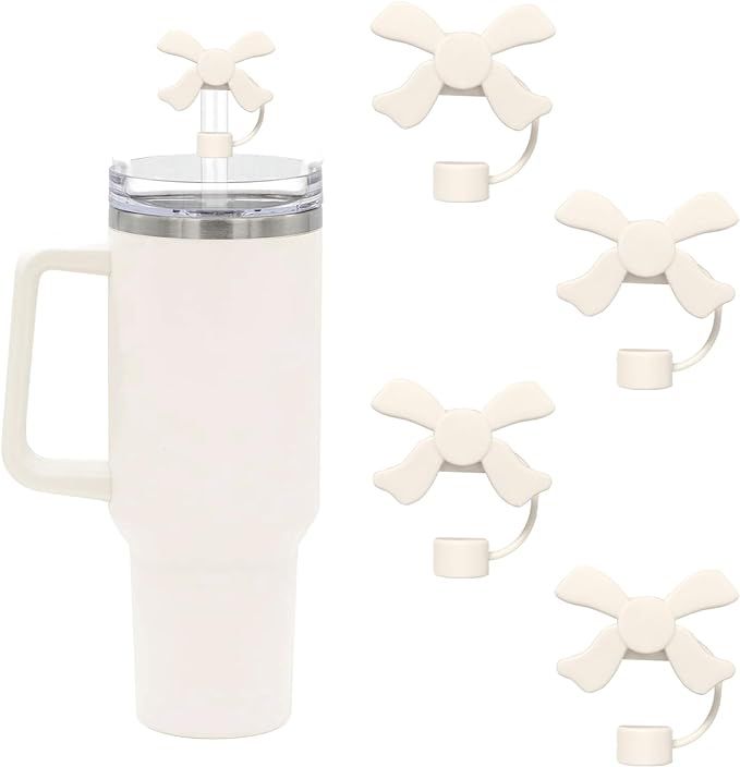 4 Pcs Lovely Off-White Straw Cover Cap for Stanley Cup Accessories, Cute Bow Straw Toppers Compat... | Amazon (US)