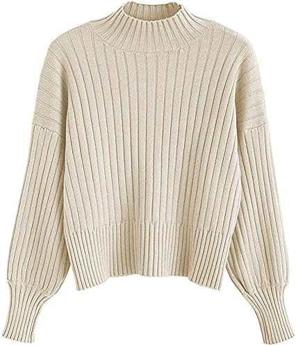 ZAFUL Women's Crew Neck Long Sleeve Pullover Crop Sweater Mock Neck Lantern Sleeve Ribbed Knit Cr... | Amazon (US)