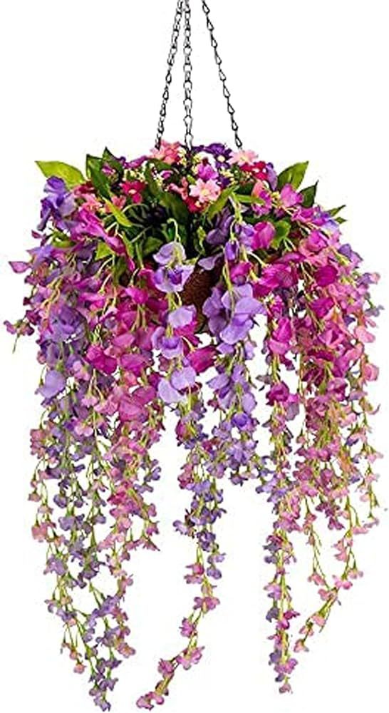 Mixiflor Artificial Flowers Hanging Basket, Fake Hanging Plant Silk Wisteria Hanging Flower, Faux... | Amazon (US)