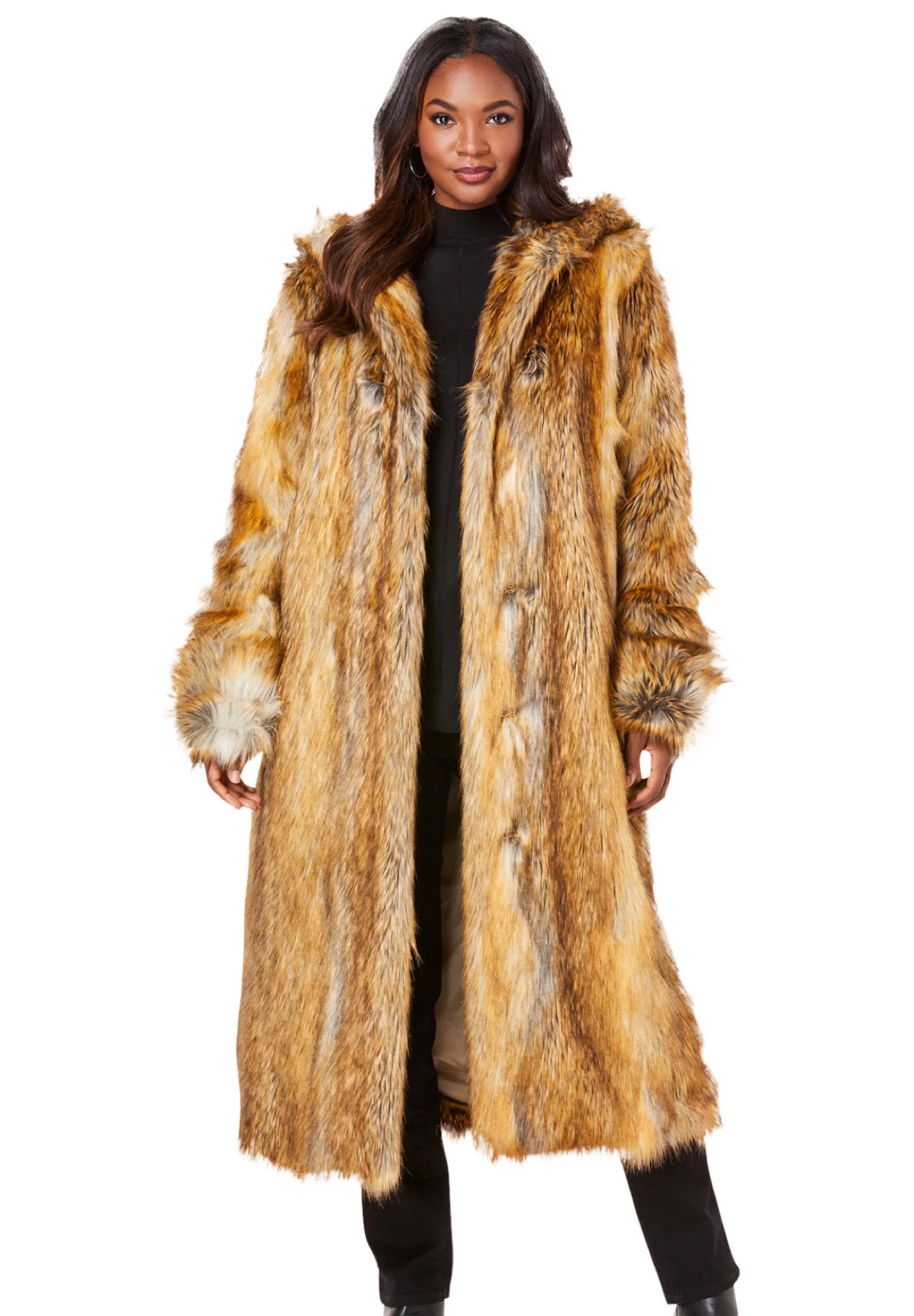 Roaman's Women's Plus Size Hooded Faux Fur Coat | Walmart (US)
