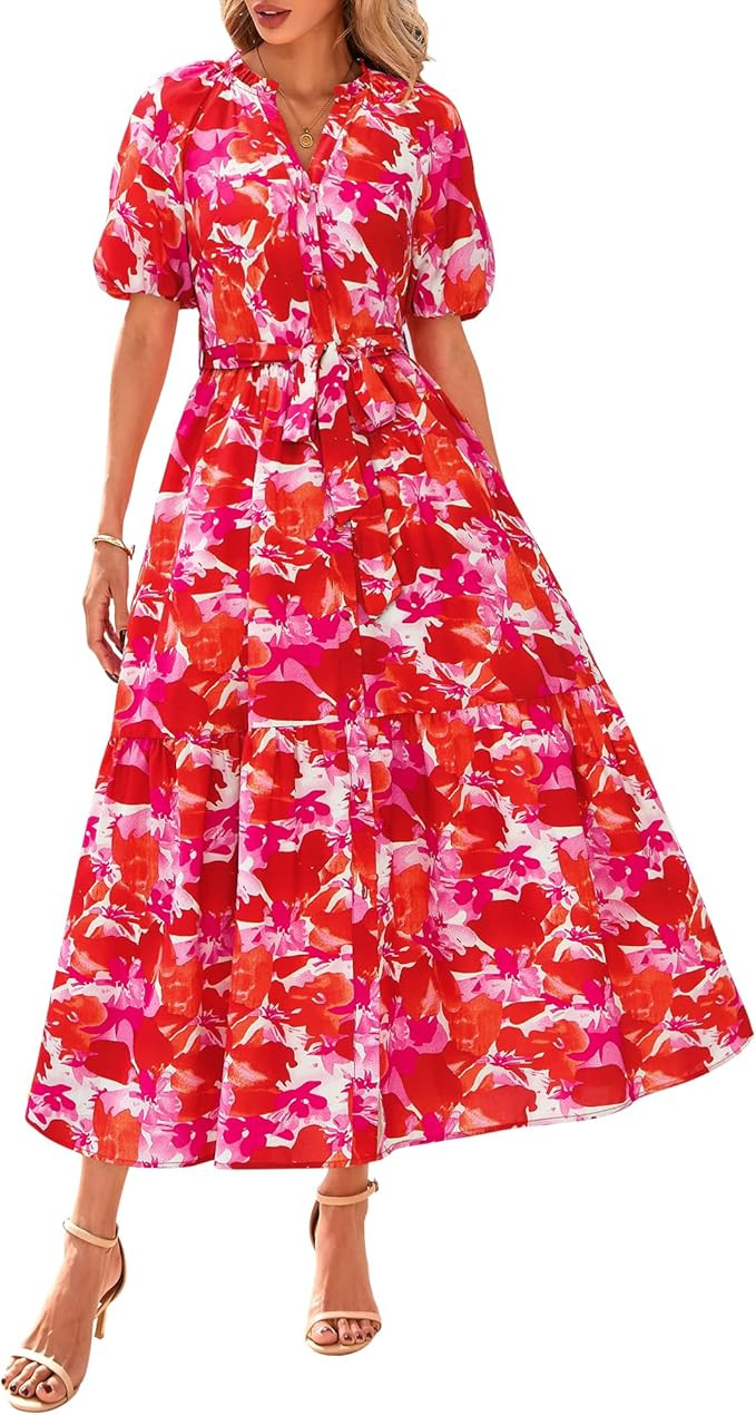 BTFBM Women Summer Floral Midi Dresses Casual Boho Puff Short Sleeve V Neck Button Belt Flowy Max... | Amazon (US)