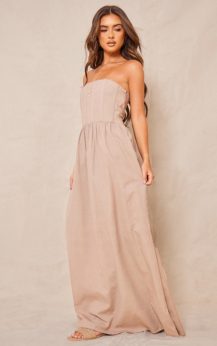 Stone Linen Look Corset Bandeau Maxi Dress | PrettyLittleThing US