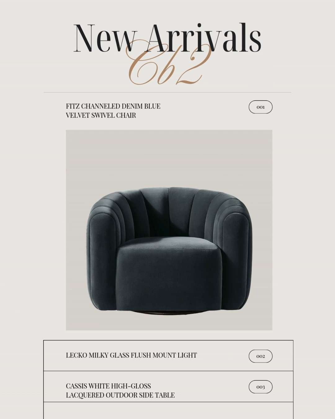 CB2 just dropped some seriously good new arrivals and these three instantly caught my eye. ✨

The Cassis high-gloss outdoor side table is one of those pieces that makes a patio feel instantly more designer — sleek, sculptural, and that glossy white finish reflects light beautifully. The Lecko milky glass flush mount is the kind of ceiling light designers love because it’s simple, modern, and quietly elevated. And the Fitz channeled denim blue velvet swivel chair… this one is a statement. The color, the channeling, the curved silhouette — it’s the kind of chair that makes a room feel styled.

These are the kinds of pieces I look for when I want a space to feel modern, elevated, and designer without trying too hard.

Sharing all three in this post if you’re looking for CB2 new arrivals, modern designer furniture, statement accent chairs, flush mount lighting, and chic outdoor furniture. ✨ 

 #LTKHome