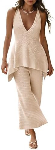Tankaneo Womens 2 Piece Knit Sets Summer Vacation Outfits Deep V Neck Flowy Tank Tops Wide Leg Pa... | Amazon (US)