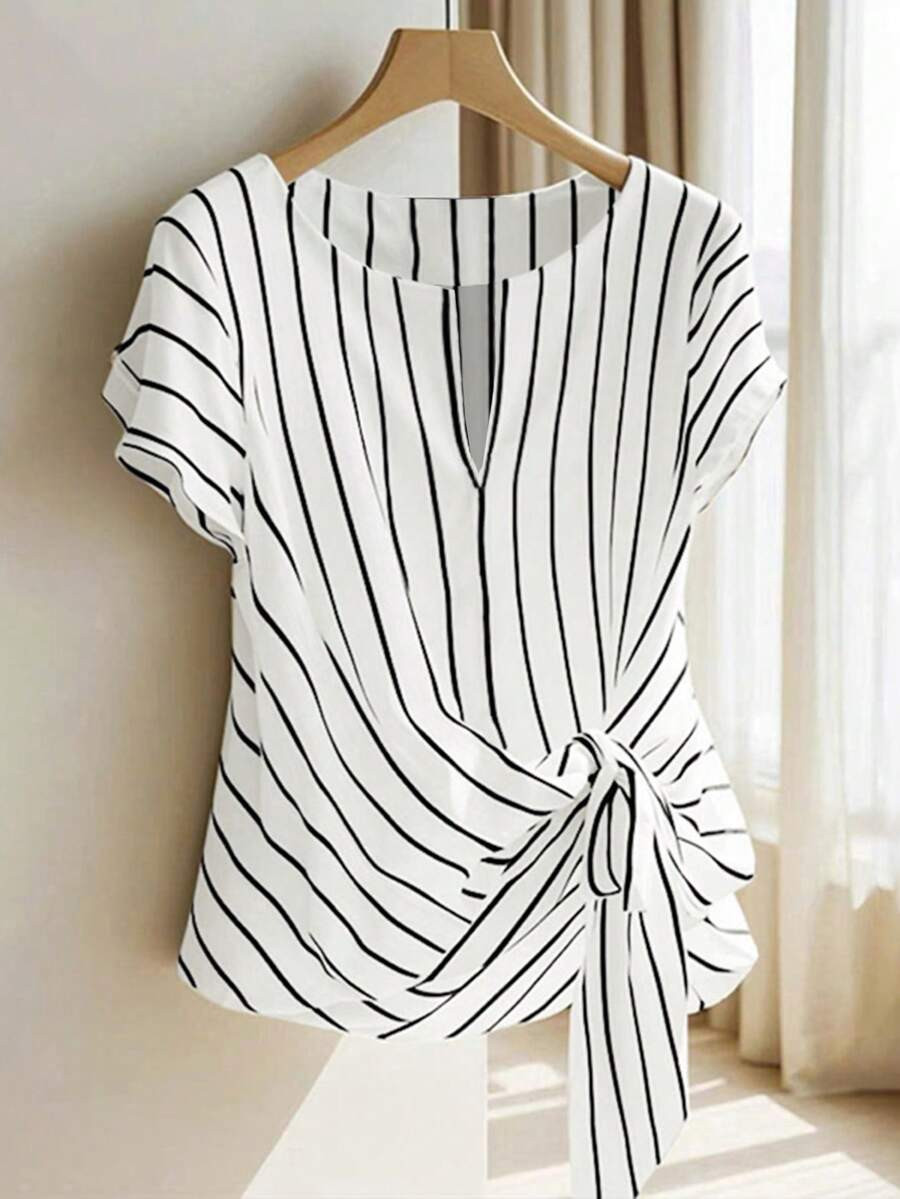 Franclia Striped Tie-Up Short Sleeve Casual Shirt For Women Black And White Top Stripe Top Summer... | SHEIN