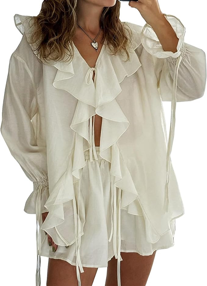 Womens 2 Piece Outfits V Neck Ruffle Tie Front Blouse Tops and High Waist Shorts Set Casualwears | Amazon (US)