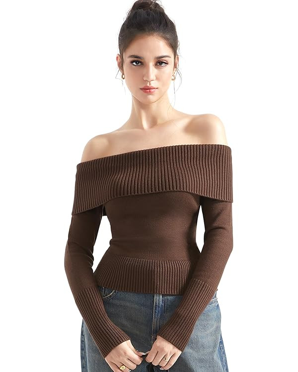 SUUKSESS Off Shoulder Sweaters Long Sleeve Ribbed Knit Tops Blouse | Amazon (US)