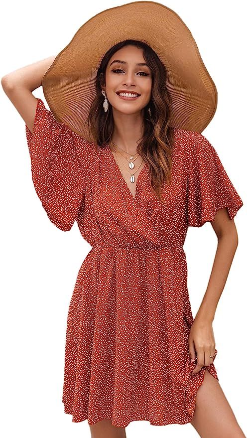 Floerns Women's Polka Dots V Neck Short Sleeve A Line Short Dress | Amazon (US)