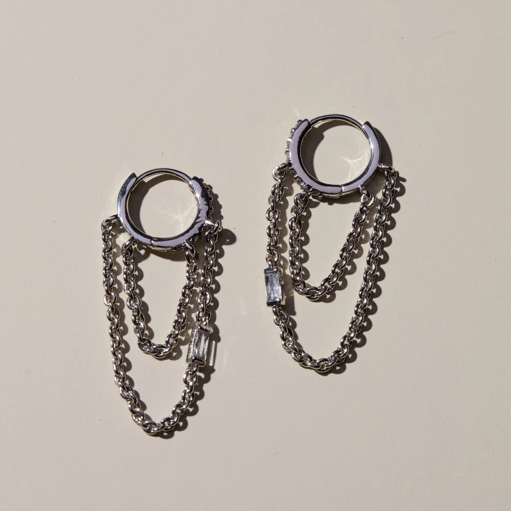 Silver Thea Chain Huggies | Nickel and Suede