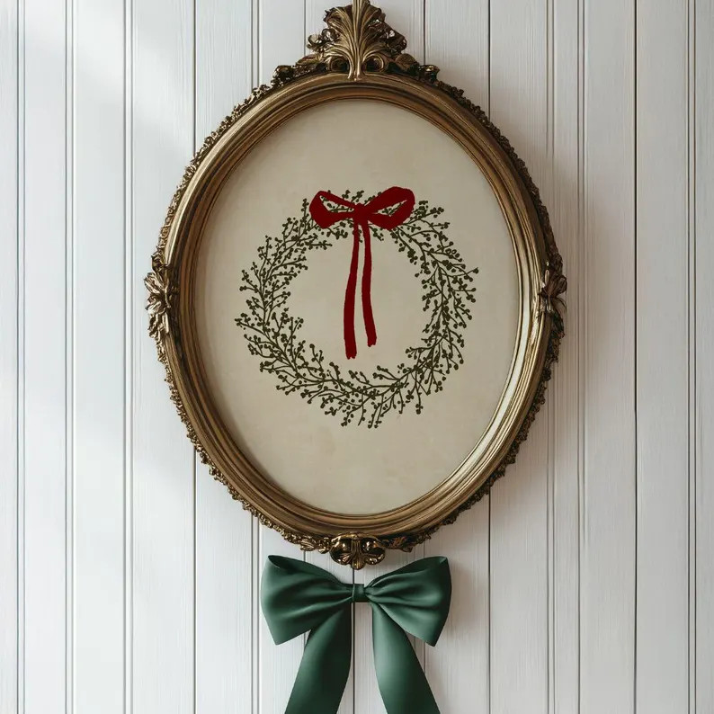Traditional Holiday Wreath Print - Vintage Coquette Christmas Decor, Minimalist Charming Red Bow ... | Etsy (US)