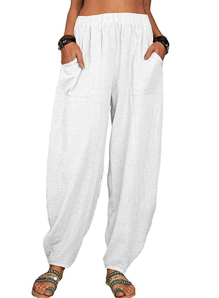 utcoco Women's Cotton Linen Harem Pants Casual Loose Fit High Waisted Pants Trousers with Pockets | Amazon (US)