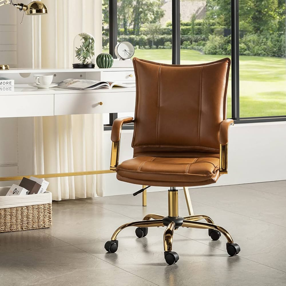 HULALA HOME Faux Leather Home Office Desk Chair, Adjustable Swivel Computer Chair with Golden Leg... | Amazon (US)