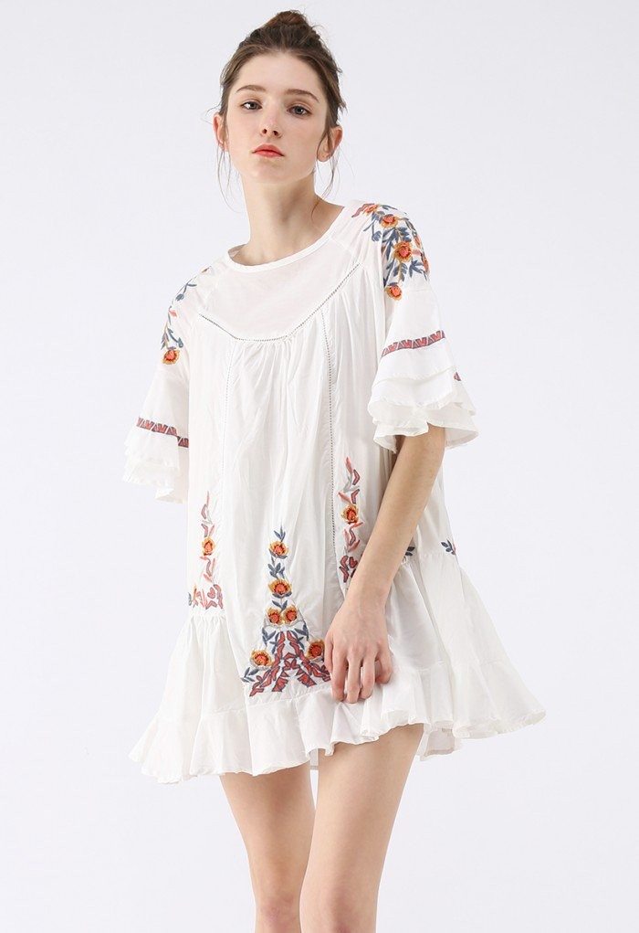 Flawless Boho Floral Embroidered Ruffle Dress | Chicwish