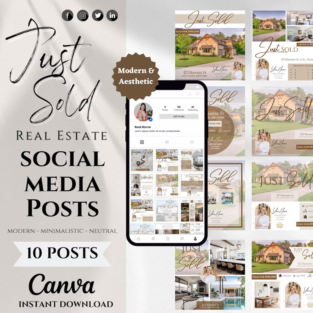 10 Just Sold Social Media Posts | Real Estate Just Sold Instagram Posts | Realtor Marketing | Can... | Etsy (US)