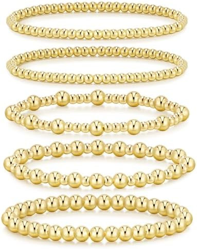 adoyi Gold Bracelets for Women Waterproof, 14K Gold Plated Beaded Strand Bead Ball Bracelets stac... | Amazon (US)