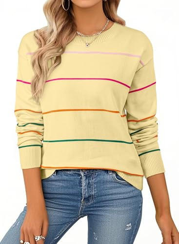 SHEWIN Womens Sweaters Crew Neck Striped Sweater Women Lightweight Womens Fall Tops Long Sleeve Tops Sweaters for Women Fall Outfits 2025 Yellow Small | Amazon (US)