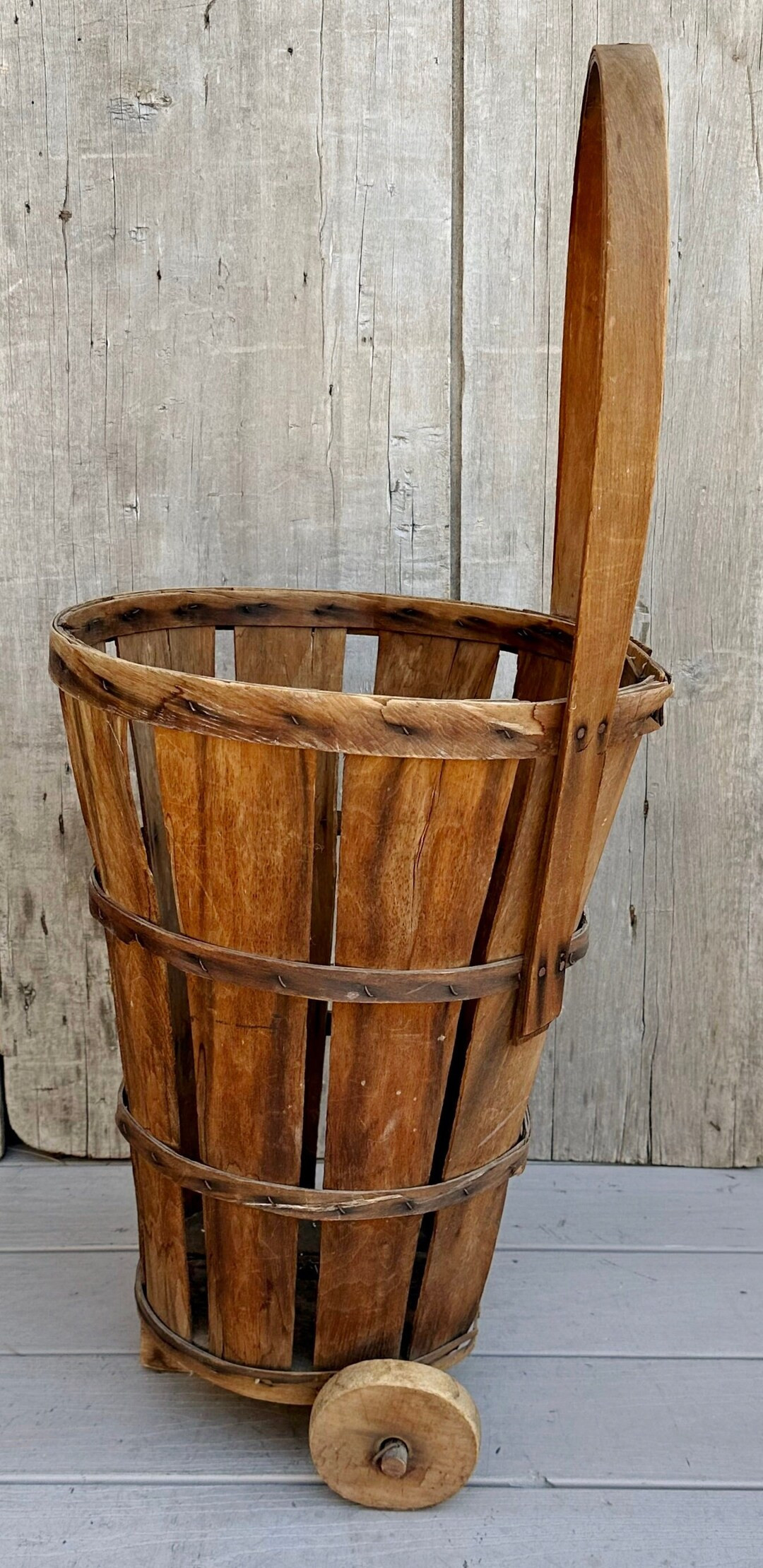 Vintage French Country Wood Slat Market Cart Basket Bentwood Handle on Wheels C. 1940 - Etsy | Etsy (US)