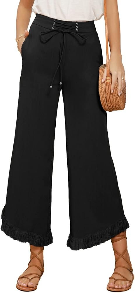 GRACE KARIN Women Wide Leg Linen Palazzo Pants Boho Drawstring Waist Oblique Tassel Hem Beach Tro... | Amazon (US)