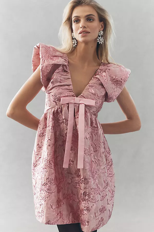 Babydoll Jacquard Bow Mini Dress | Anthropologie (US)
