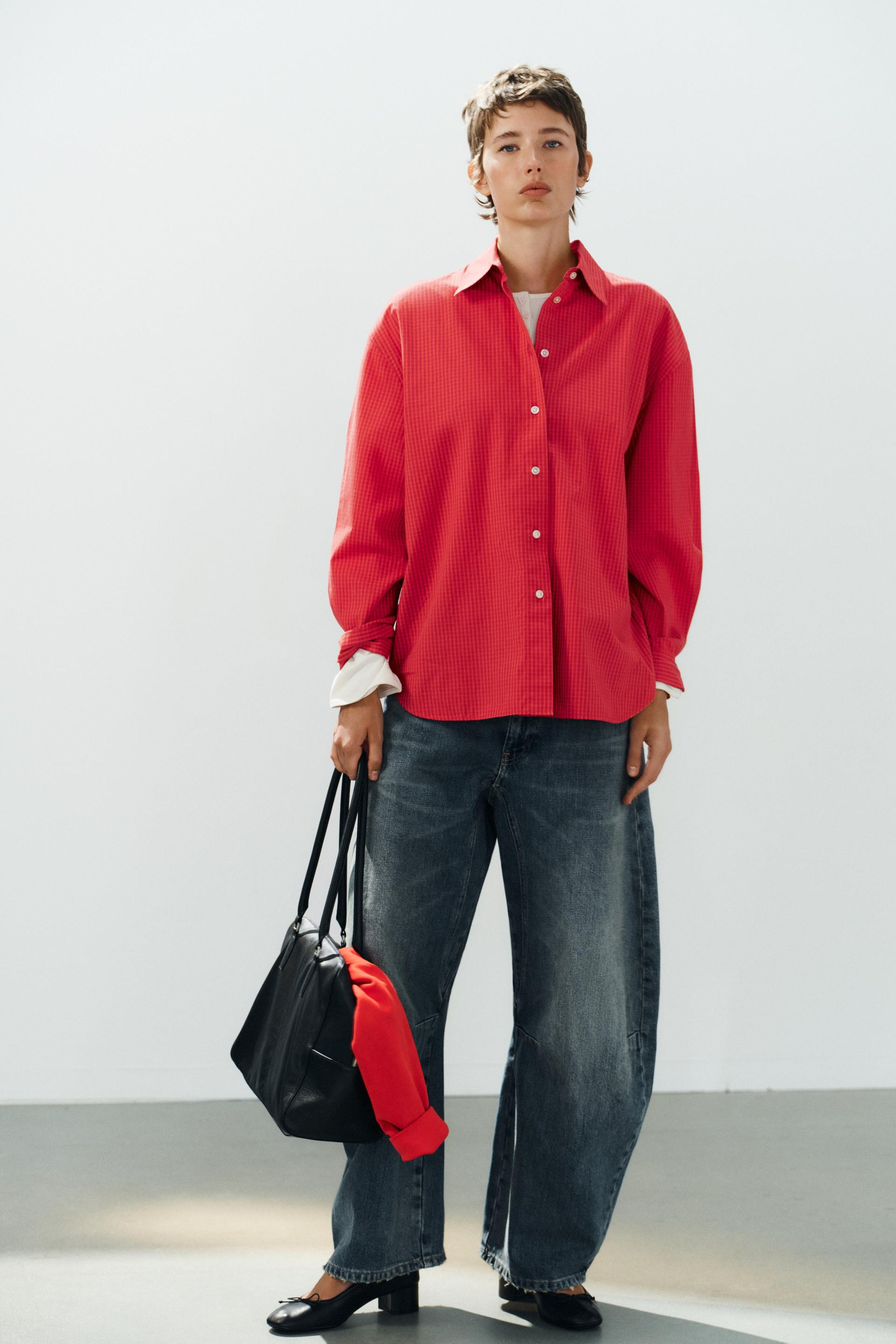 Zara - Oversized Plaid Poplin Shirt - Red / Black - L - Woman | Zara US
