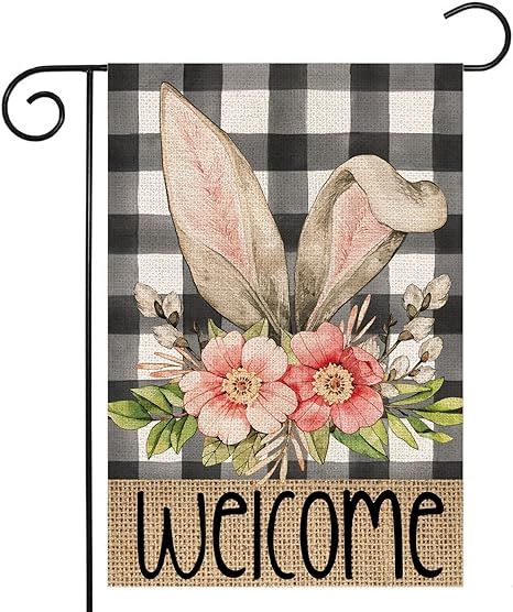 Welcome Easter Garden Flag for Outdoor 12x18 Double Sided,Buffalo Plaid Bunny Ears with Flowers S... | Amazon (US)
