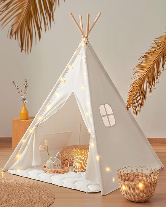 Tiny Land Teepee Tent for Kids – 100% Cotton Play Tent with Padded Mat & Star Lights, Foldable ... | Amazon (US)