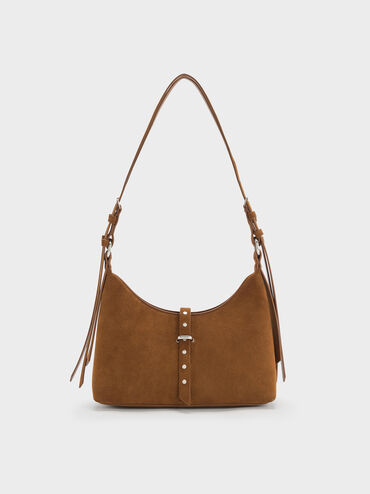 Sienna Brown Lark Recycled Suede Studded Belted Shoulder Bag | CHARLES & KEITH | Charles & Keith US