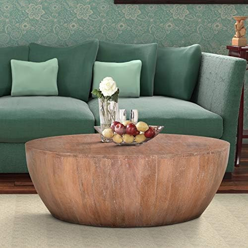 The Urban Port Drum Shape Wooden Coffee Table with Plank Design Base, Brown | Amazon (US)