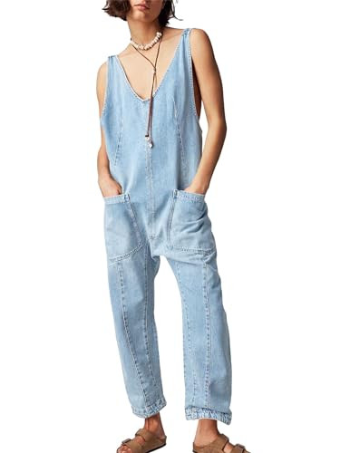 PLNOTME Women's Denim Overall Jumpsuits Sleeveless V Neck Adjustable Straps Jeans Long Pants Romp... | Amazon (US)