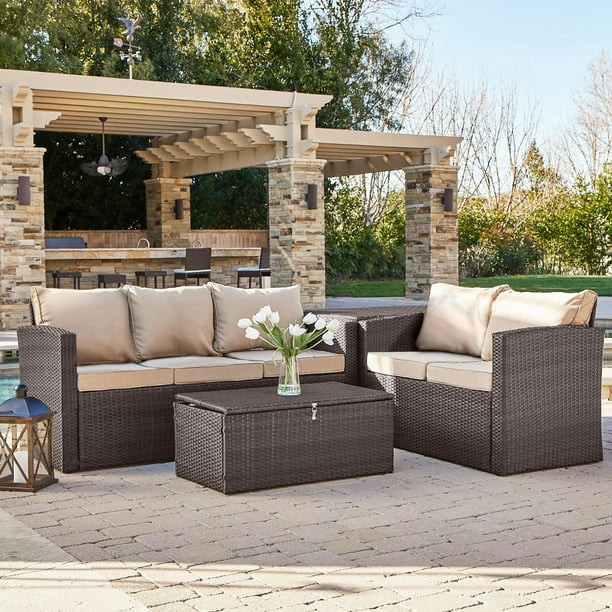 BELLEZE Outdoor 4PC Patio Wicker Sofa Set Sectional Deep Seating Seat Cushions w/ Storage, Brown | Walmart (US)