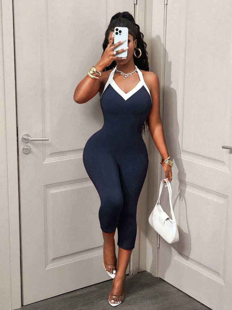 BamGleam Women's Fashionable Contrast Color Halter Backless Bodycon Jumpsuit, Summer | SHEIN