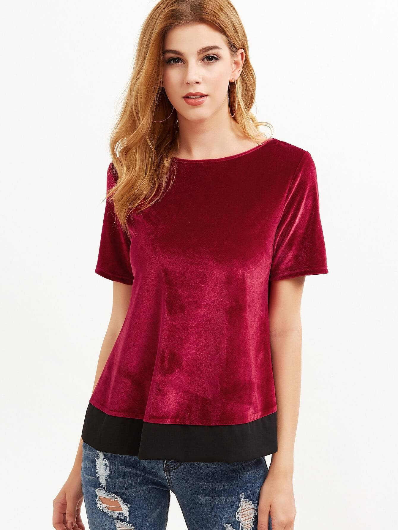 Burgundy Contrast Trim Velvet Top | MakeMeChic.com