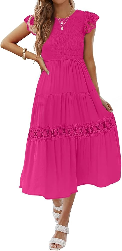 ZESICA Women's Casual Flowy Midi Dress 2026 Boho Flutter Short Sleeve Smocked Lace A Line Beach Vacation Party Dresses | Amazon (US)